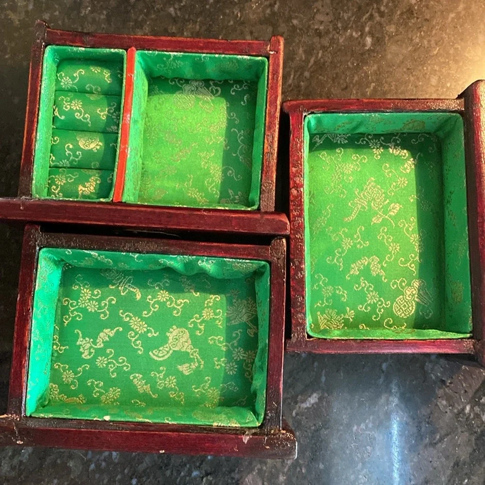 Antique Chinese Rosewood Jade Inlay Brass Hardware Wooden Jewelry Box